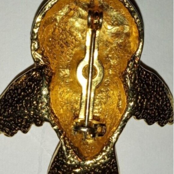 Vintage Owl Brooch Gold Plated Textured Clear Rhinestones Detailed Bird Pin - Picture 7 of 10